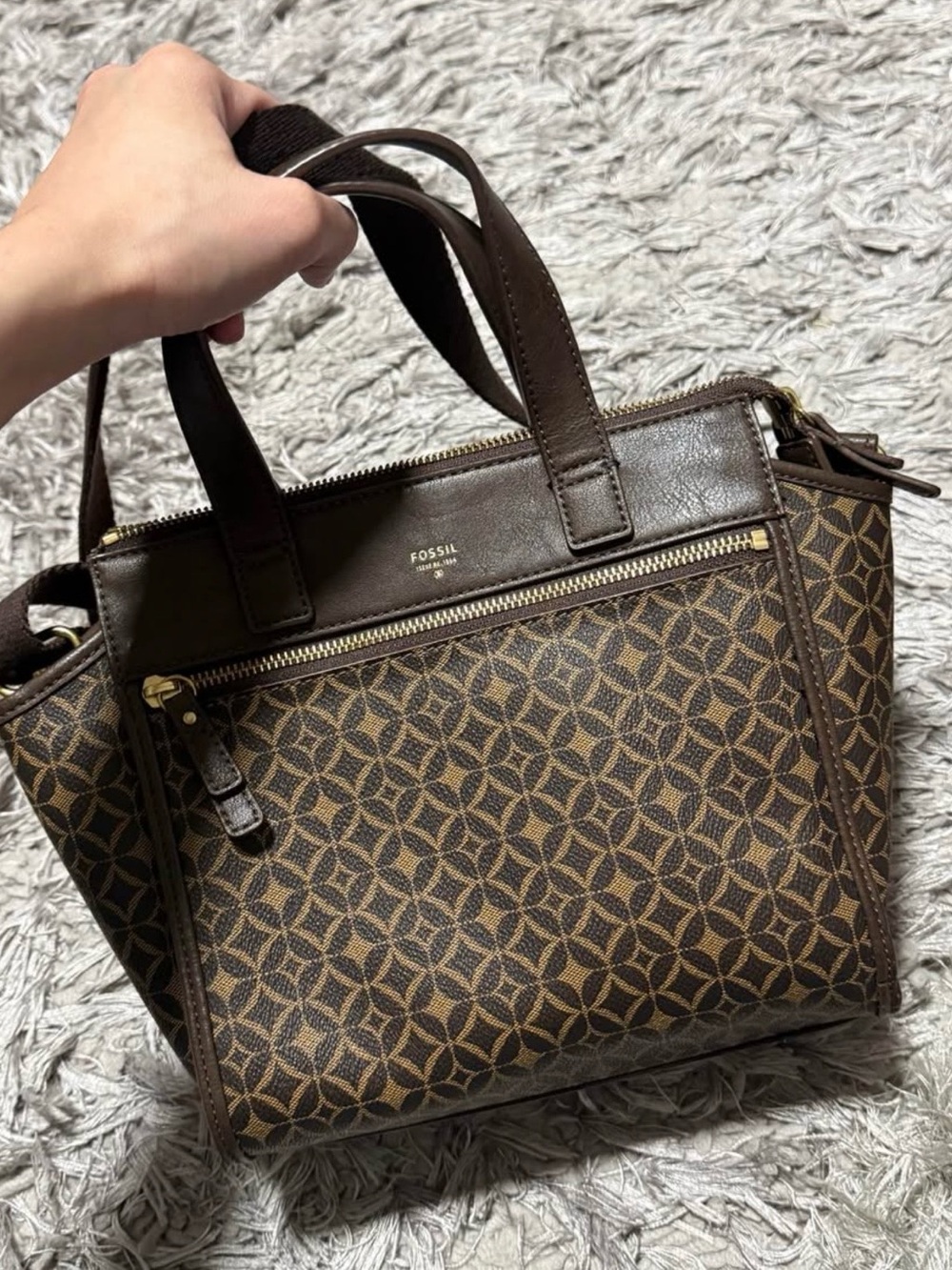 Fossil Brown Geometric Pattern Satchel with Gold Hardware
